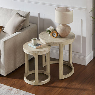 24" Oak Finish 2-Piece Curved Round Coffee Table Set - Mid-Century Rustic Nesting Tables