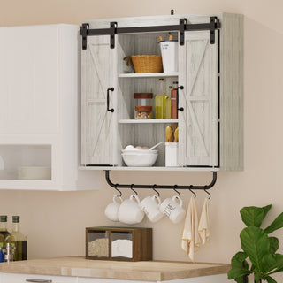 Rustic Wood Wall Storage Cabinet with Two Sliding Barn Doors, 3-Tier Farmhouse Vintage Cabinet for Kitchen, Dining, Bathroom, Living Room – Vintage Gray