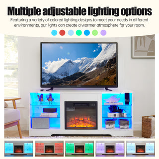 Electric Fireplace TV Stand with LED Lights & Glass Shelves, Modern Entertainment Center with 3D Fireplace Insert and USB Charging Port, Fits 32–62’’ TVs, White Wood Media Console (58’’W)