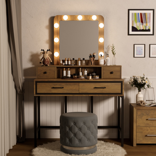 Vanity Desk with Mirror and Lights, Makeup Vanity Desk with 3 Color Dimmable Lighted Hollywood Mirror, Brown Makeup Table with 4 Drawers, Large Dressing Table for Women Girls, Brown
