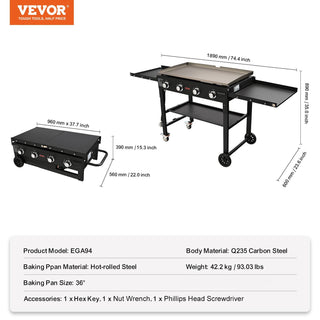 Commercial Griddle on Cart, 36" Heavy Duty Manual Flat Top Griddle – 4-Burners, 60,000 BTU LPG Gas, Portable Outdoor Cooking Station with Side Shelves