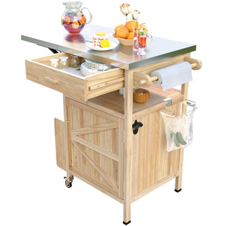 K&K 40.5" Outdoor Grill Cart – Solid Wood Rolling Kitchen Cart with Stainless Steel Top, Drop Leaf, Drawer, Towel Rack & Lockable Wheels for Patio, Lawn & Garden