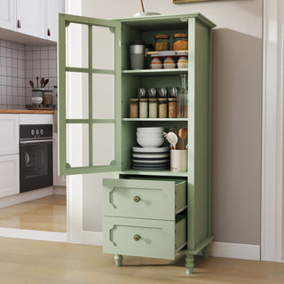 Modern Mint Green Buffet Cabinet with Glass Doors &amp; Double Drawers - 47" Minimalist Sideboard