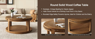 31.5" Round Solid Wood Walnut Coffee Table - 2-Tier Thickened Top Center Table