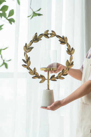 Luxury Iron Floral Hurricane Candle Holder (19.7" H) w/ Genuine Marble Base | 14.2" Wide Decorative Votive/Pillar Lantern | Modern Gold & Black Metal Accent