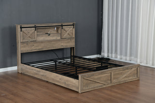 Farmhouse Queen Bed Frame with LED Lights & Charging Station | Wooden Bed with 2 Storage Drawers & Rustic Headboard with Sliding Barn Door Storage Cabinets