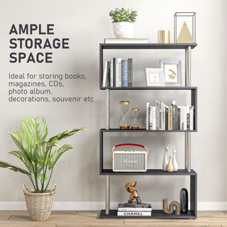 Modern S-Shaped 5 Tier Room Dividing Bookcase Wooden Storage Display Stand Shelf - Black