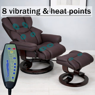 8-Point Massage Recliner with Ottoman, Heated Cat Scratch Leather  Reclining Chair ,Bent Wood Base, Indoor Lounge TV Chair with Footrest for Living Room and Bedroom, Brown