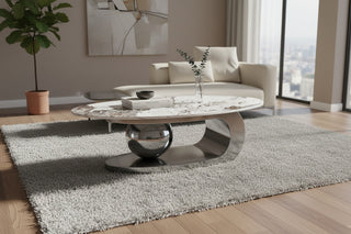 49.2" Oval Faux Marble Coffee Table - Modern Living Room Table with Stainless Steel Base