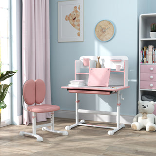 Qaba Kids Desk and Chair Set, Height Adjustable Kids School Study Desk and Chair Set with Tilt Desktop, Storage Drawer and Reading Rack for Writing, Reading and Drawing, Pink