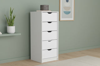 White 5-Drawer Slim Dresser 42" H - Compact Vertical Chest for Small Spaces