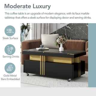 Black Faux Marble Contemporary Coffee Table with Gold Accents &amp; Caster Wheels