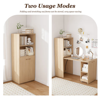 Burlywood Stretchable Office Desk with Storage Shelves and Mobile Wheels, Foldable Design for Small Apartments and Offices, MDF Material, Natural Wood Finish