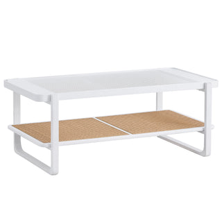 Modern Minimalist White Double-Layered Solid Wood Coffee Table with Glass Top and Imitation Rattan Edge, Rectangular Table for Living Room, Dining Room, and Bedroom