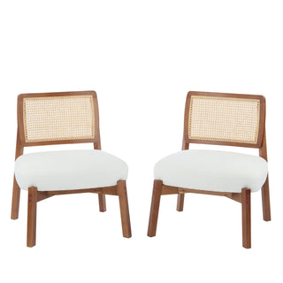 [Set of 2] Modern Beige Lounge Chairs – Woven Backrest, Wooden Frame Accent Chairs for Living Room, Bedroom, or Office