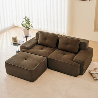 82' Modern L-Shaped Modular Sectional Sofa for Living Room, Corduroy Fabric, 2-Seater Couch with Deep Seat and Movable Ottoman, Pearl-like piping, Tufted Design, No Assembly, Anti-slip Design, Brown