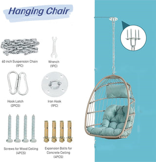 Outdoor Garden Rattan Egg Swing Chair Hanging Chair Wood+Light Gray