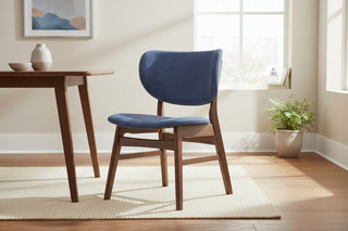 Mid-Century Modern Dining Chairs Set of 2 – Sleek Blue Upholstered Side Chairs with Walnut Finish Wooden Legs, Ergonomic Curved Backrest, High-End Contemporary Kitchen Furniture