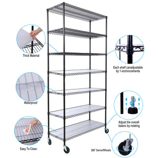Black 7-Tier Metal Shelving Unit | 2450lbs Heavy-Duty Adjustable Storage Rack with Wheels & Liners