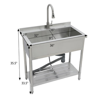 Stainless Steel Freestanding Utility Sink with Pull-Out Faucet, Large Single Bowl, Brushed Nickel, 21'D x 36'W x 35.5'H