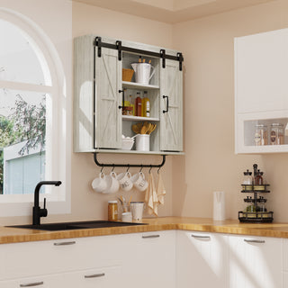 Rustic Wood Wall Storage Cabinet with Two Sliding Barn Doors, 3-Tier Farmhouse Vintage Cabinet for Kitchen, Dining, Bathroom, Living Room – Vintage Gray