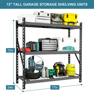 Heavy Duty Garage Shelving | 72"H x 77"W Black 3-Tier Metal Storage Rack (6000LBS Total)