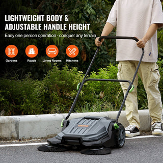 Walk-Behind Hand Push Floor Sweeper – 25.6" Manual Non-Electric Sweeper with 5-Gallon Waste Container, Adjustable Folding Handle for Walkways, Yards, Garages & Patios