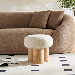 W8017-1 Mushroom Stool with Grieg Plush Cushion, Wooden Barrel PVC Pipe, Walnut Finish – Luxury & Durable Accent Stool