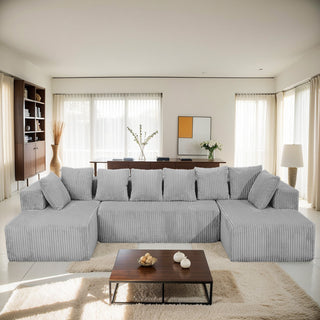 130" Boneless Cloud Couch Sectional – U-Shaped Modular Corduroy Sofa with Chaise, Oversized 4-Seater Living Room Couch, No Assembly Required, Heavy Duty Grey Modular Sectional Sofa