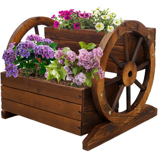 Wooden Wagon Planter with Wheels | Decorative Garden Flower Cart for Indoor & Outdoor Use