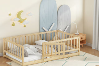 Twin Size Floor Bed with Slats, Montessori Floor Bed with Fence and Door, Kids Montessori Bed Twin Size, Wood Montessori Floor Bed for Kids, Girls, Boys,Oak.