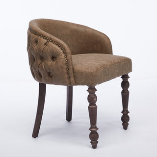 Hand-pulled buckle decoration PU Dining Chair,Accent Leisure Chair, Mid-Century Modern Arm Chair with Solid Wood Armrests and Legs, 1-Seat Cushioned Sofa for Living Room Bedroom,Brown color,SW1865BR