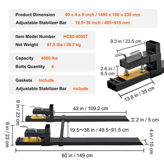 4000 LBS Clamp-On Pallet Forks, 60" Heavy Duty Tractor Bucket Forks with Adjustable Stabilizer Bar for Loader & Skid Steer