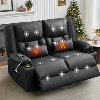 Recliner Loveseat with Massage and Heating for Living Room,Love Seat Manual Oversized Recliner with Cup Holders,Side Pocket for Adult,BLACK