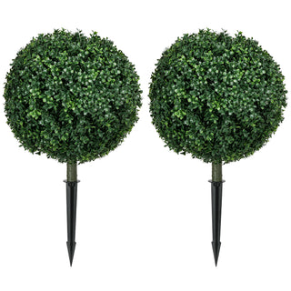 HOMCOM 1.3' (15.7') Artificial Boxwood Topiary Trees with Ground Stake, UV Resistant Set of 2 Ball Shaped Trees, Indoor Outdoor Fake Plants for Home Office & Living Room Décor