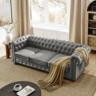 Chesterfield 3-Seater Sofa - Tufted PU Upholstery, Scrolled Arms