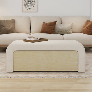 White upholstered boucle storage ottoman, view 3