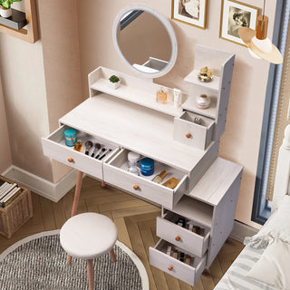 CRAZY ELF Stylish Vanity Table with Cushioned Stool - Touch Control LED Mirror, 5 Drawers, Adjustable Length (L31.5"-43.2" x W15.8" x H48.1") - Large Capacity Storage Makeup Furniture