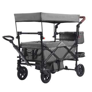 Wagon Stroller for 2 Kids, Push Pull Quad Collapsible Stroller with Adjustable Handle, Encircling Harness Removable Canopy, 4 Wheels w/ Brakes, Mutifunction Tandem Stroller for Camping Dark Grey