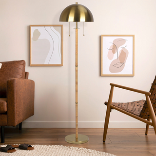 Allure 2-Light Floor Lamp | Gold Brass Finish, Natural Rattan Tube, Dual Pull Chain Control