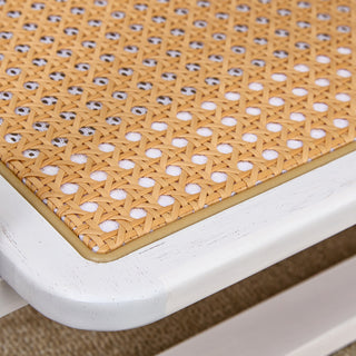 Modern Minimalist White Double-Layered Solid Wood Coffee Table with Glass Top and Imitation Rattan Edge, Rectangular Table for Living Room, Dining Room, and Bedroom