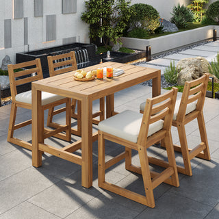TREXM Rustic Patio Bar Set with Ergonomic Chairs, Solid Wood Slatted Tabletop in Light Teak with Beige Cushion for Poolside, Balcony, Backyard, Porch