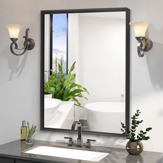 36x24 Black Rectangular Bathroom Mirror | Metal Frame, Wall Mounted (Horizontal & Vertical)