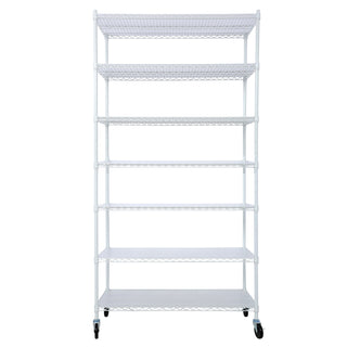 White 7-Tier Metal Shelving Unit | 2450lbs Heavy-Duty Adjustable Storage Rack with Wheels & Liners