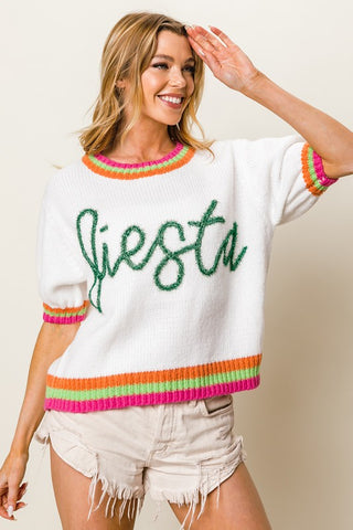 BiBi FIESTA Metallic Letter Short Puff Sleeve Sweater