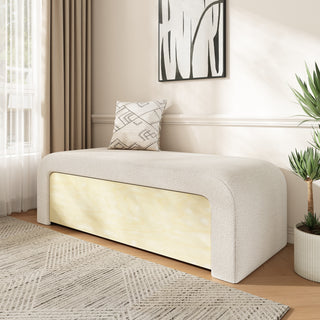 White upholstered boucle storage ottoman, view 2