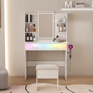White Vanity Desk with LED Lighted Mirror & Power Outlet, Makeup Vanity Table Set with Drawers & Chair, Adjustable RGB Lighting for Bedroom