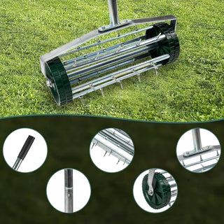 Heavy Duty Rolling Lawn Aerator | Rotary Push Tine Spike Soil Aerator with Long Steel Handle