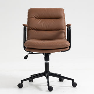 Mid Back Office Chair - Ergonomic PU Leather Desk Task Chair with Wheels, Armrests, and 40° Reclining Back (Brown)