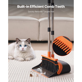 Heavy duty broom and dustpan set with self-cleaning teeth in black and orange